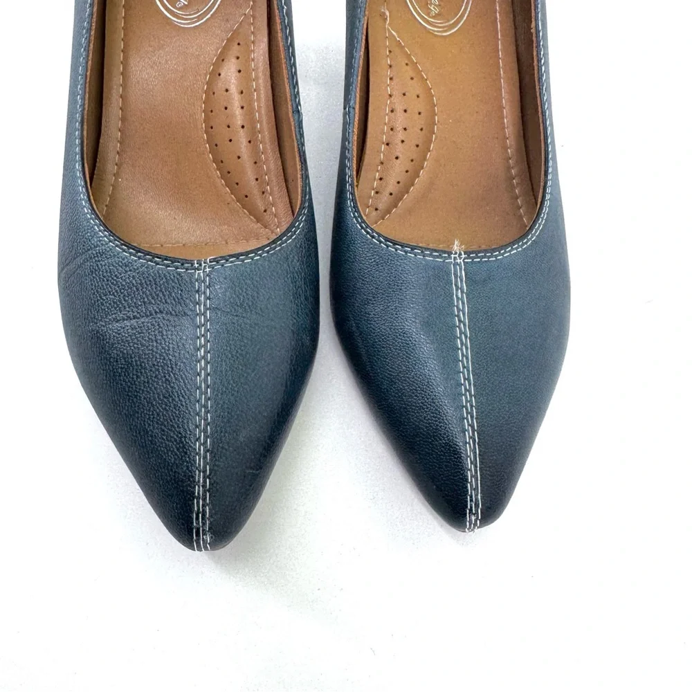 Mona Flying Leather Retro Pointed Toe Pumps Comfort Heels in Teal Size 7.5
